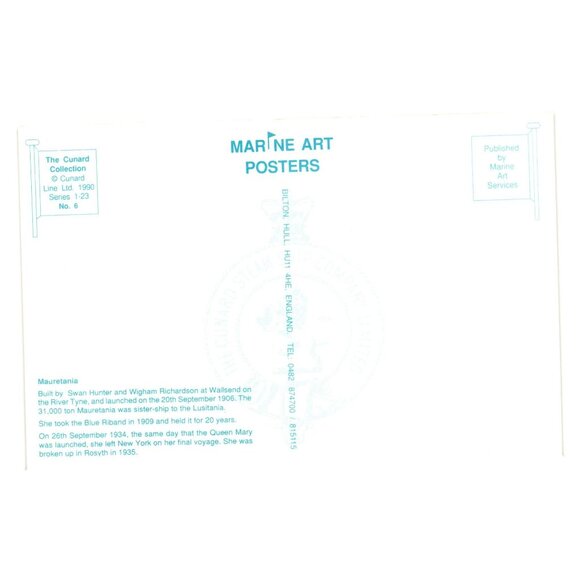 Cunard Line Mauretania Marine Art Poster 1990 Collection Series No 6 of 23 - Picture 2 of 2